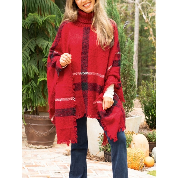 Easy On Me Plaid Turtleneck Poncho - Red - Picture 7 of 10